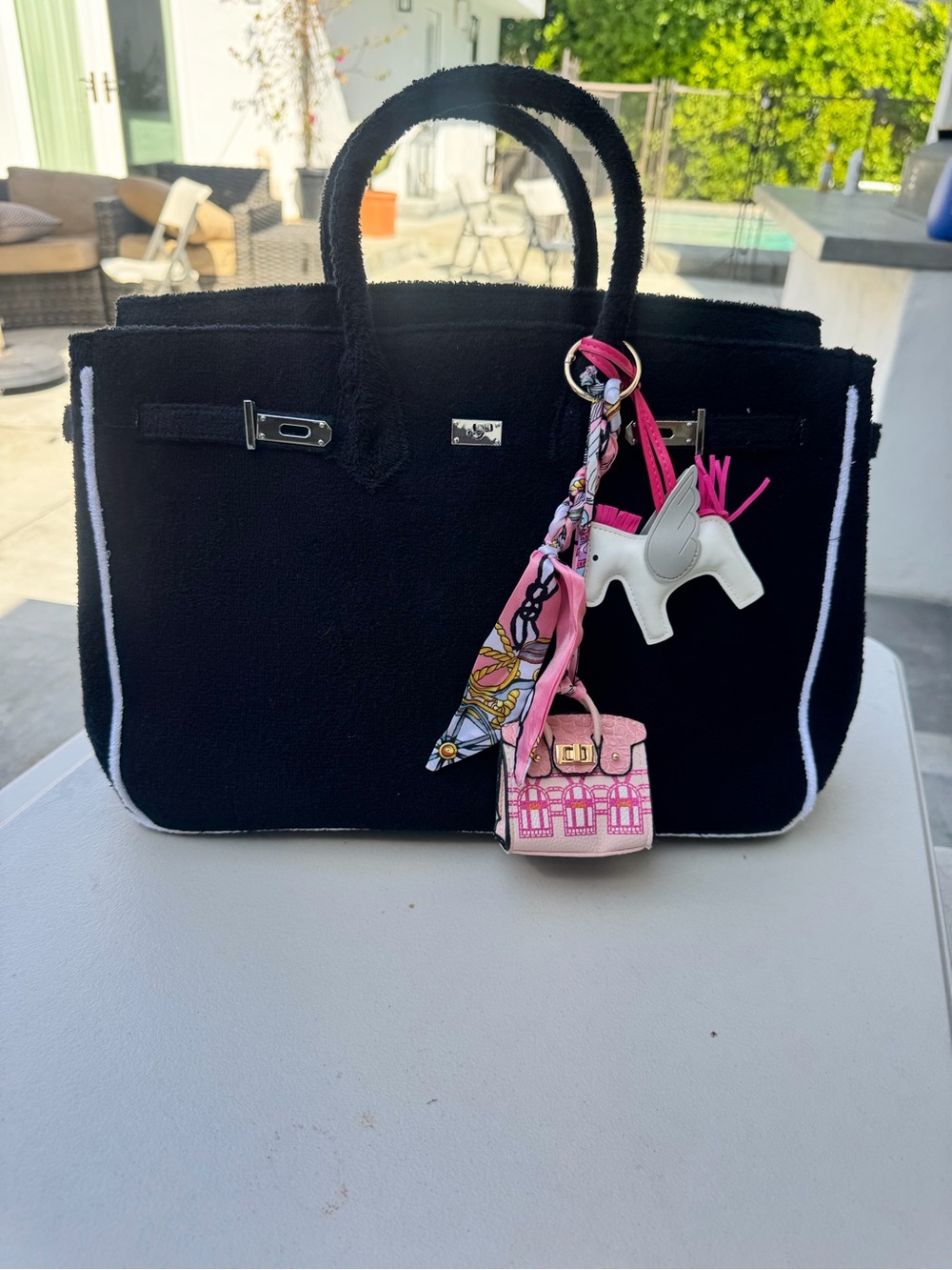 Black Tote Bag with Pink Charm - Women Bags